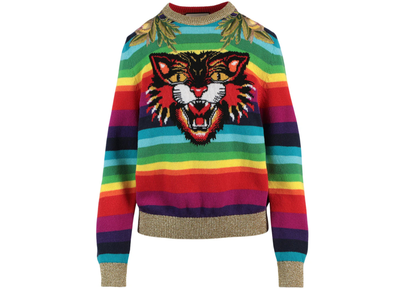Gucci Multicolor Cat Jacquard Sweater Gold Multi