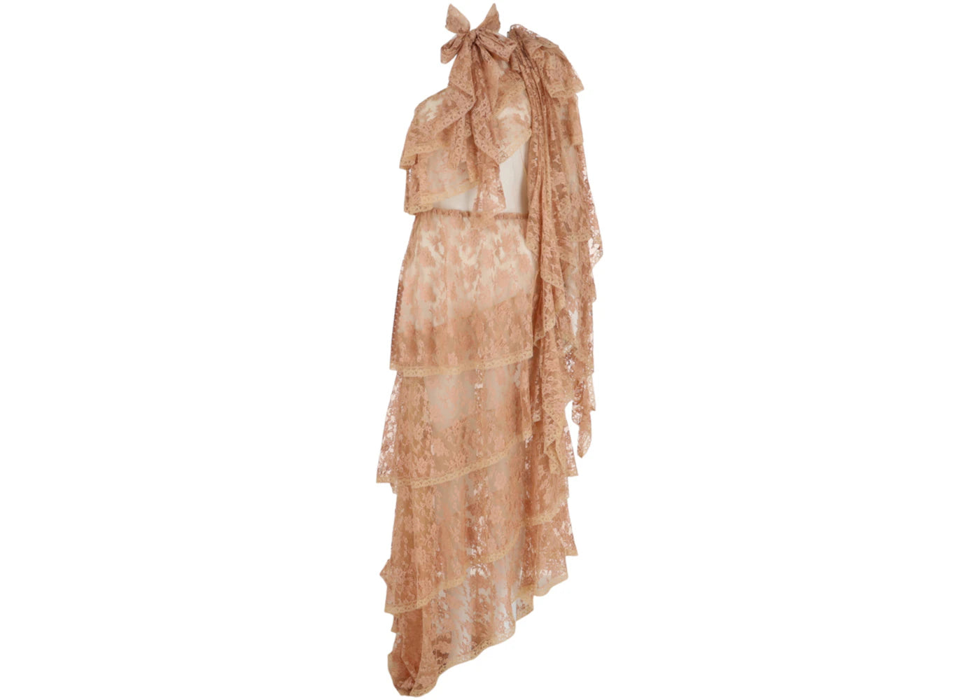 Gucci One Shoulder Tiered Lace Dress Beige