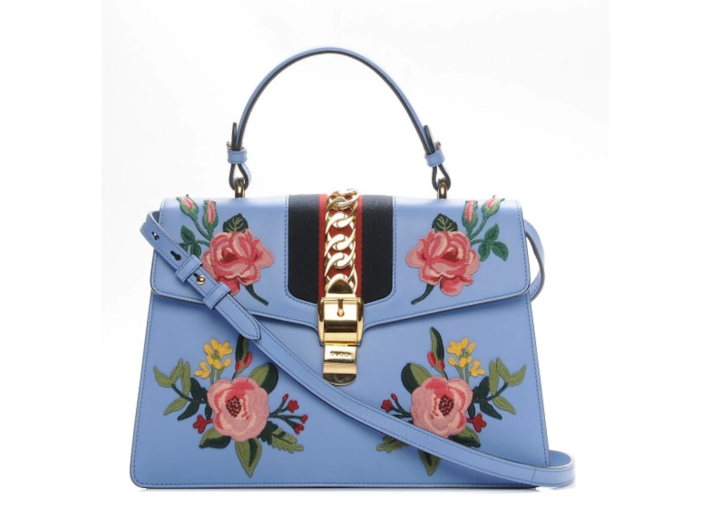 Gucci Sylvie Top Handle Web Embroidered Medium Light Blue/Green/Pink/Red