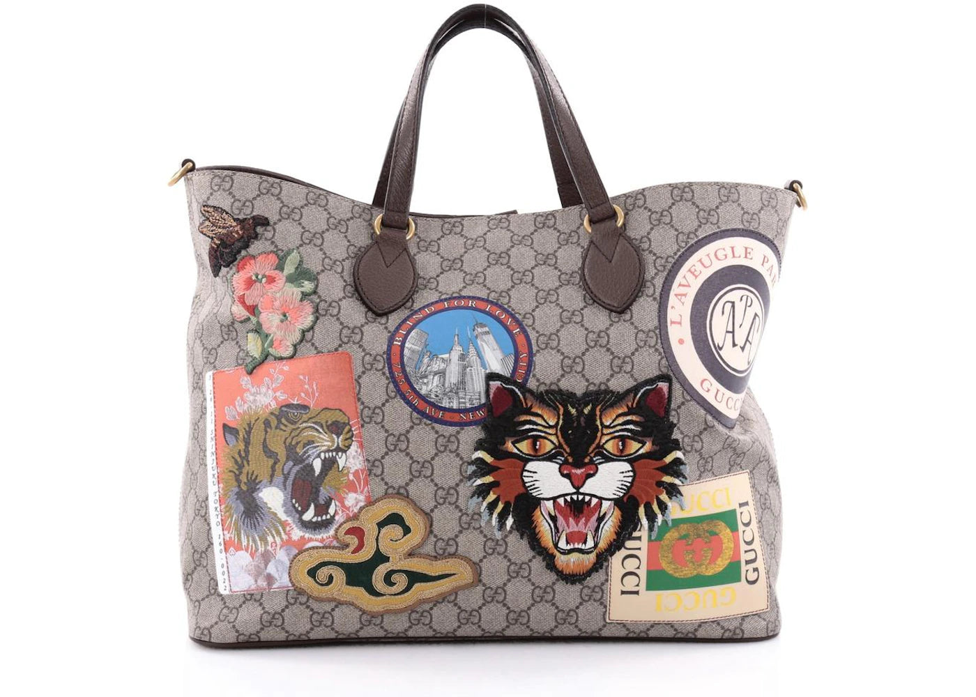 Gucci Convertible Tote Monogram GG Embroidered Medium Taupe/Brown/Orange/Green