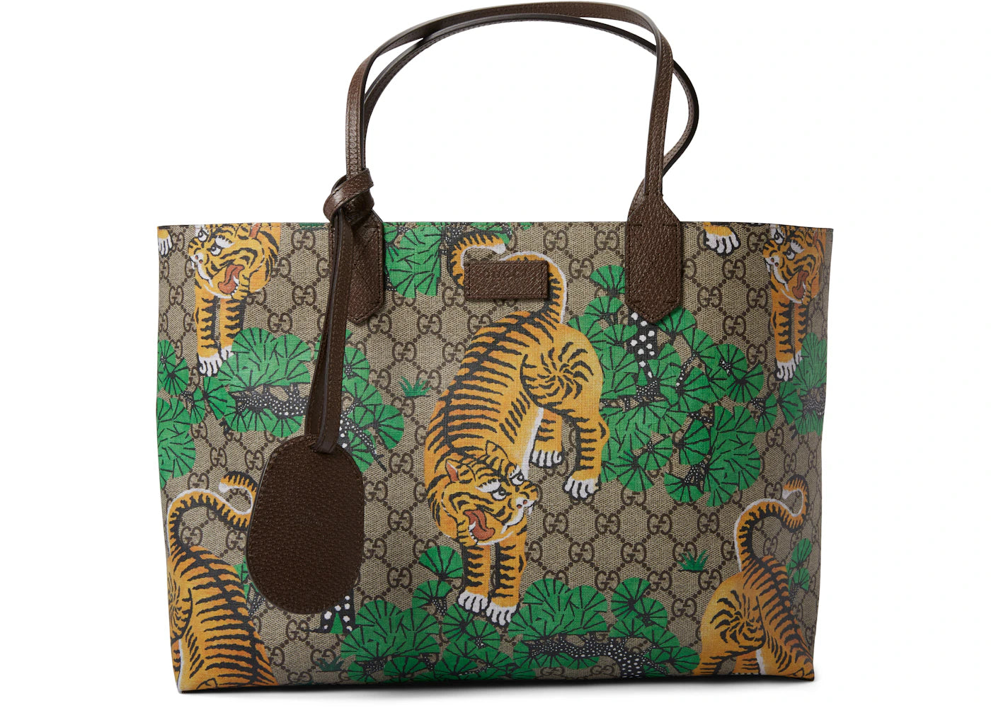 Gucci Handle Bag Tote Monogram GG Supreme Bengal Print Medium Beige/Ebony/Green