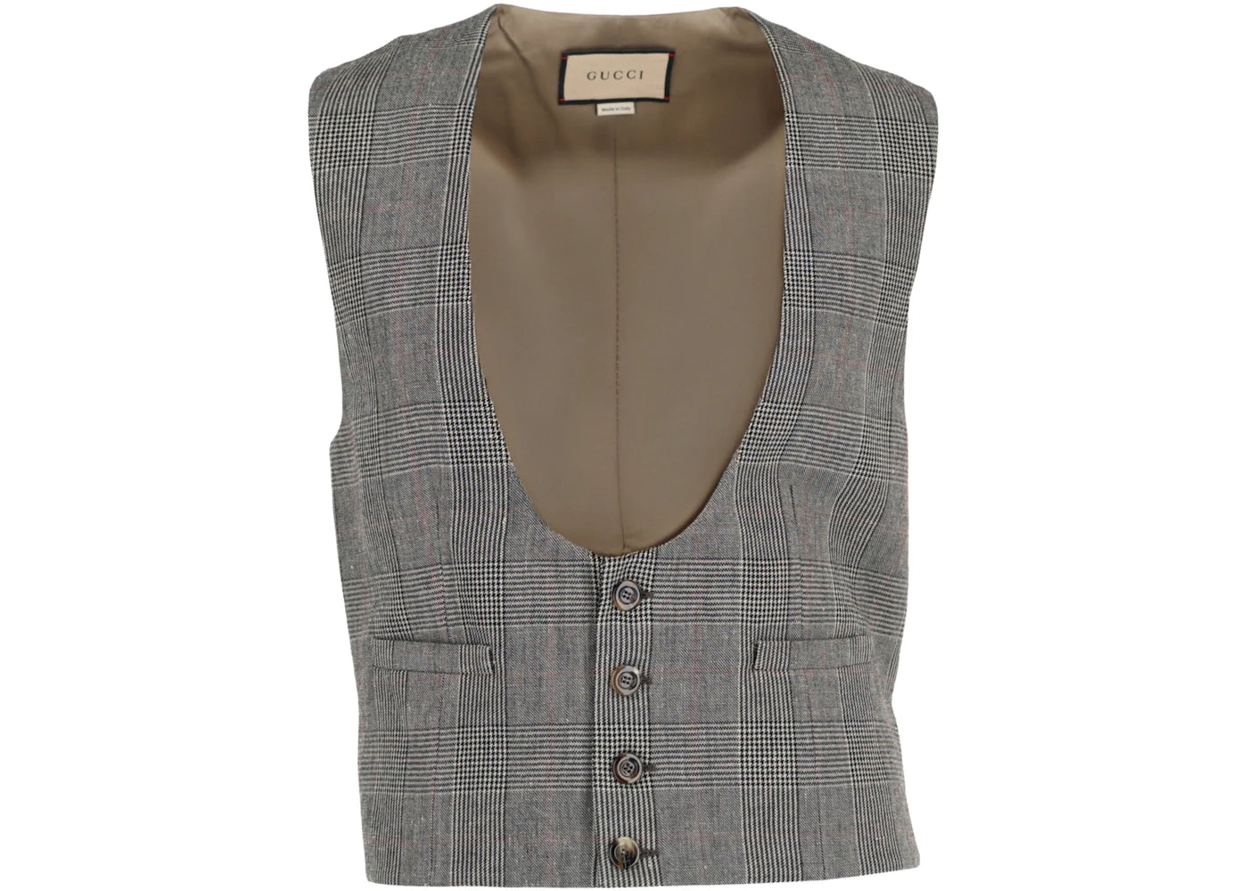 Gucci Wool Blend Plaid Vest Grey Beige