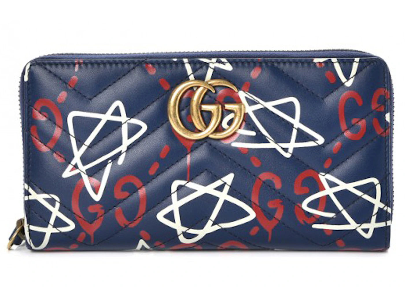 Gucci GG Marmont Wallet Zip Around Matelasse GucciGhost Blue