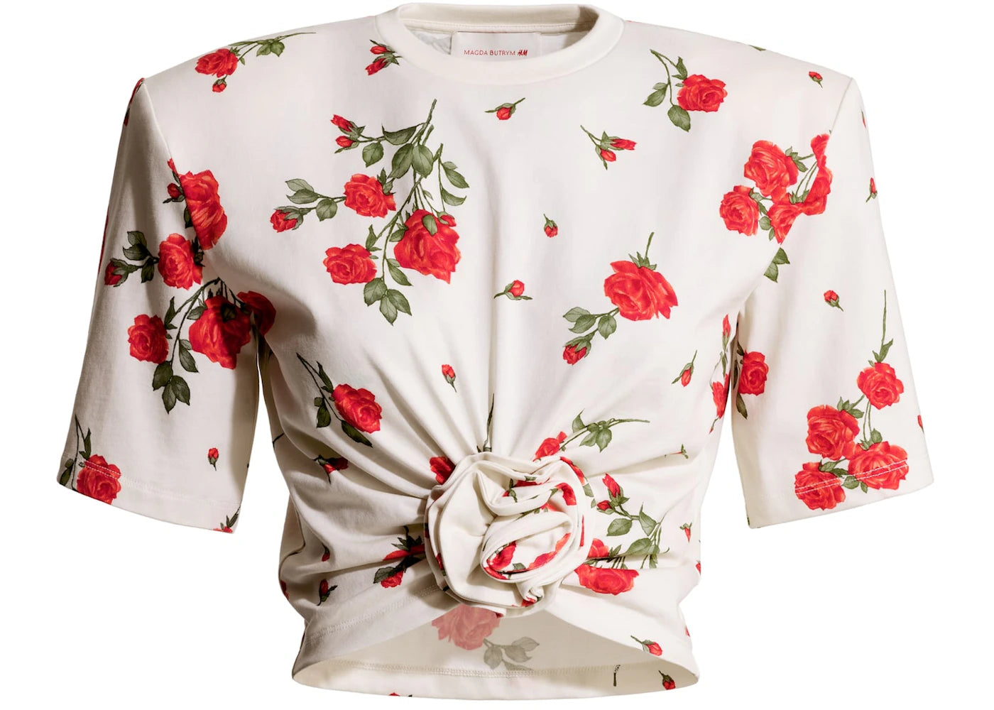H&M x Magda Butrym Patterned T-shirt with Rose Applique Cream/Roses