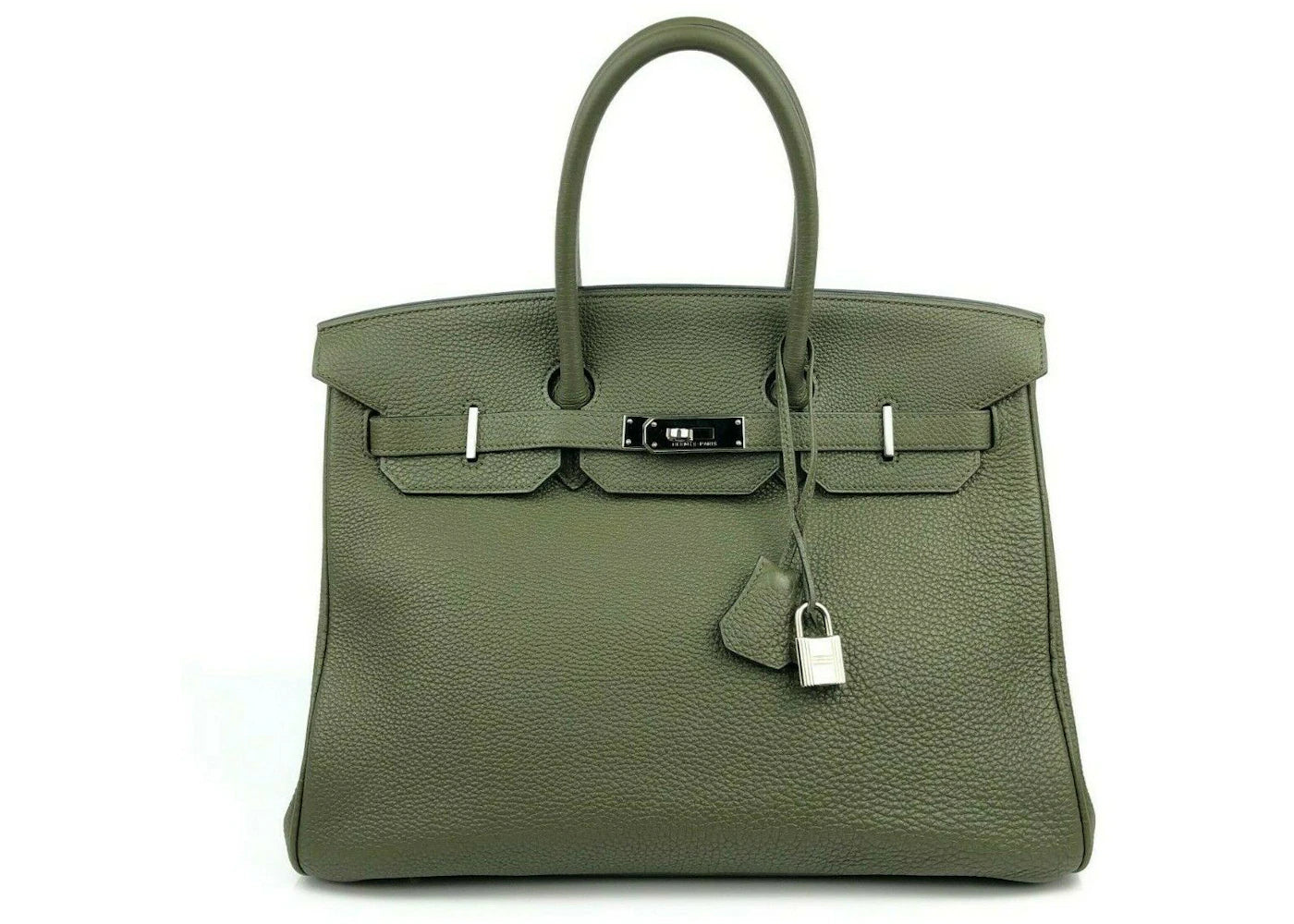 Hermes Birkin Leather Palladium-tone 35 Army Green