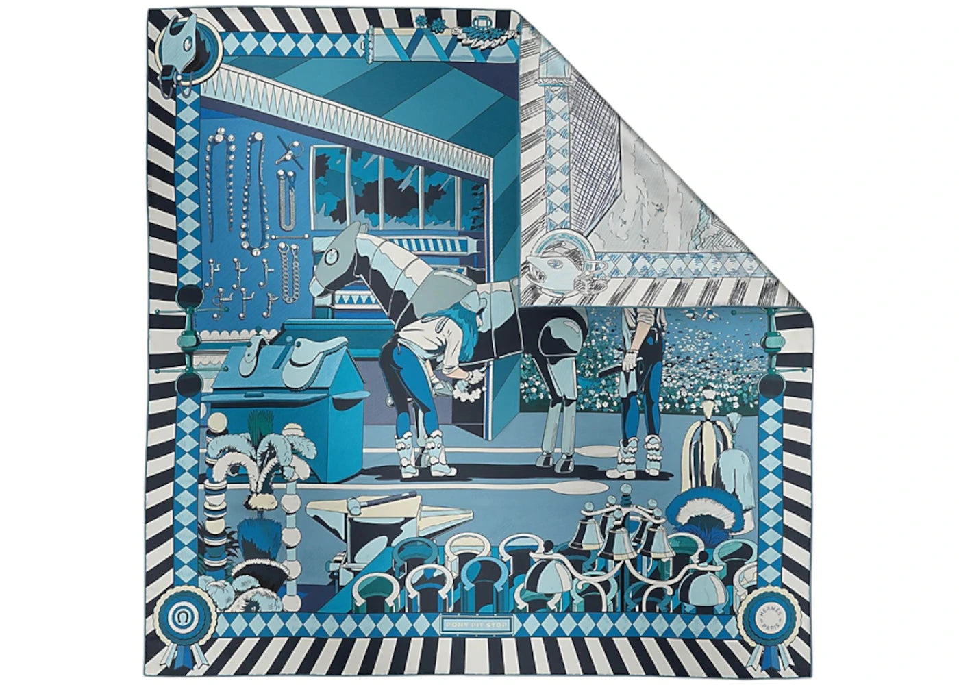 Hermes Pony Pit Stop Double Face Scarf Blue Cobalt/Blanc/Marine