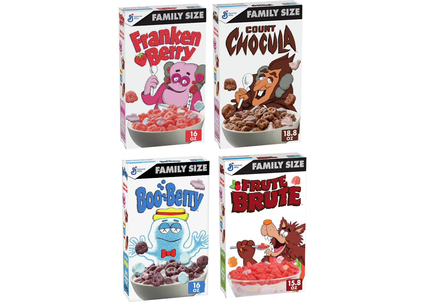 KAWS Monsters Franken Berry Count Chocula Boo Berry Frute Brute Family Size 4 Pack (Not Fit For Human Consumption)