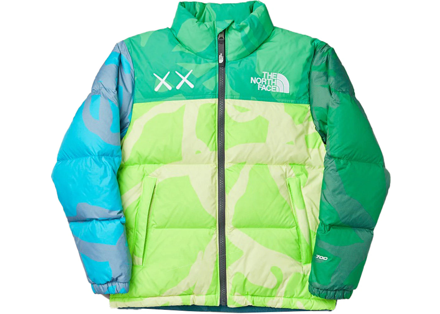 KAWS x The North Face Retro 1996 Nuptse Jacket Safety Green Nuptse Print