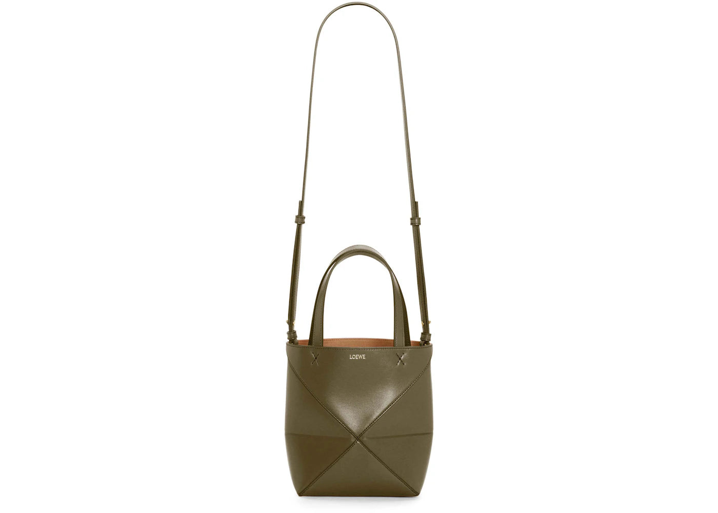 LOEWE Mini Puzzle Fold Tote in Shiny Calfskin Dark Khaki Green