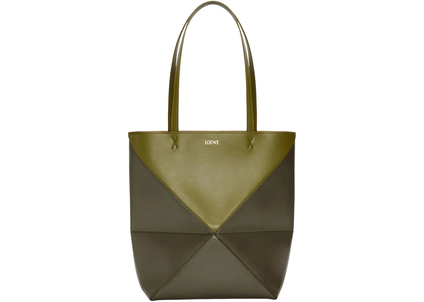 LOEWE Puzzle Fold Tote in Shiny Calfskin Olive Green/Khaki Green
