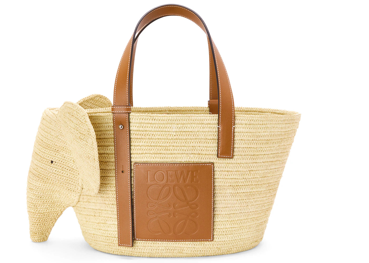 LOEWE Elephant Basket Bag in Raffia And Calfskin Natural/Tan