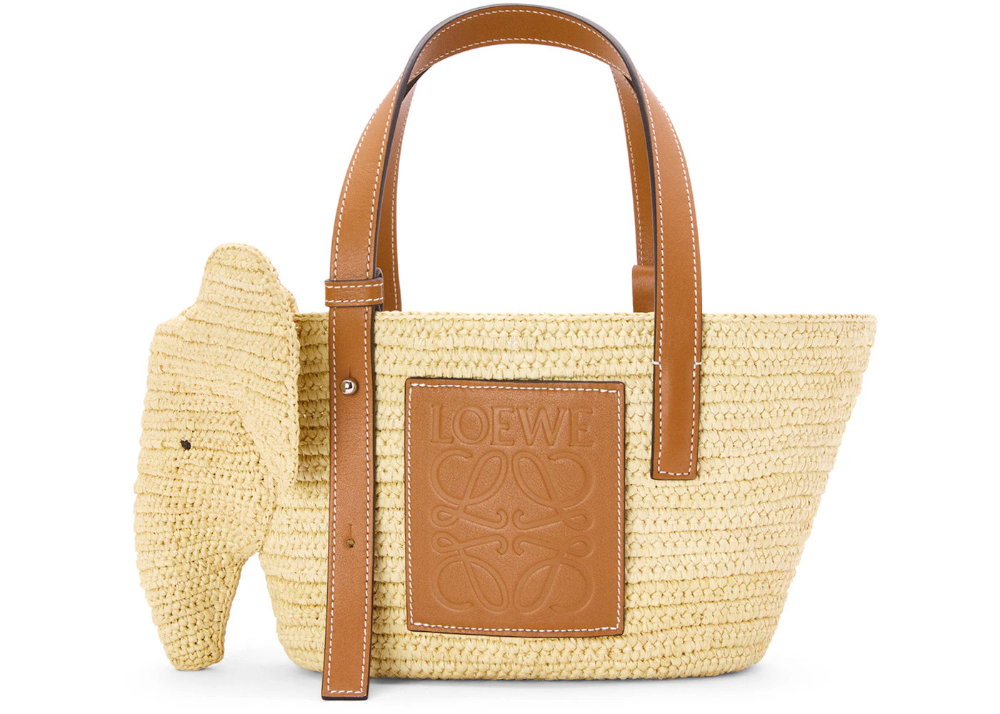 LOEWE Elephant Basket Bag in Raffia And Calfskin Small Natural/Tan