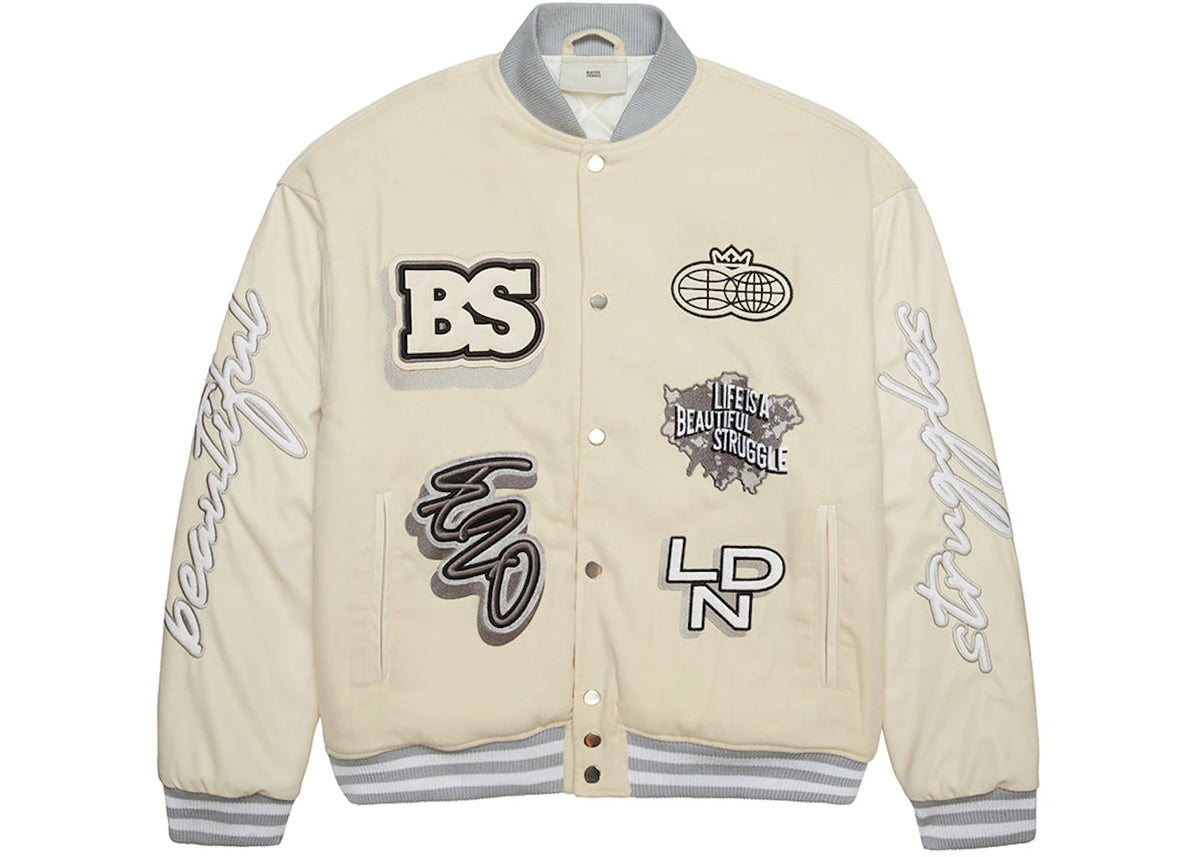 London Lions x Beautiful Struggles LDN Euro Varsity Jacket (In-Store) Cream/Grey