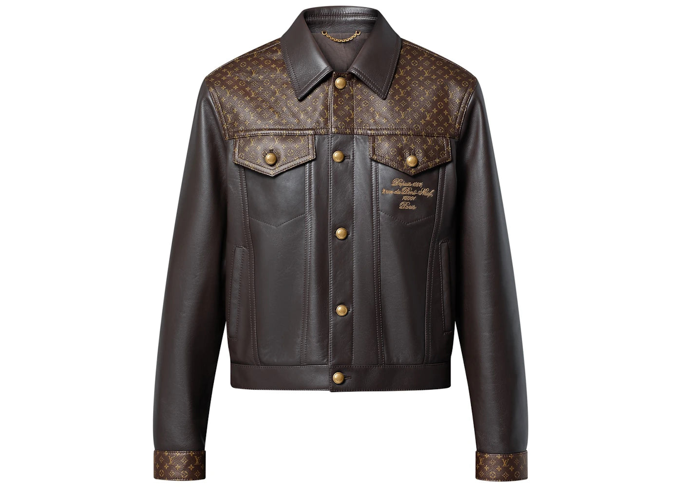 Louis Vuitton Embellished Leather Trucker Jacket Dark Brown