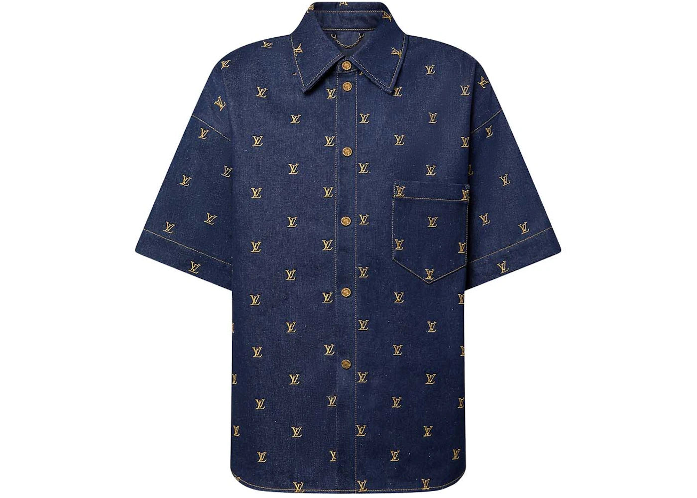 Louis Vuitton Embroidered Signature Short-Sleeved Denim Shirt Indigo