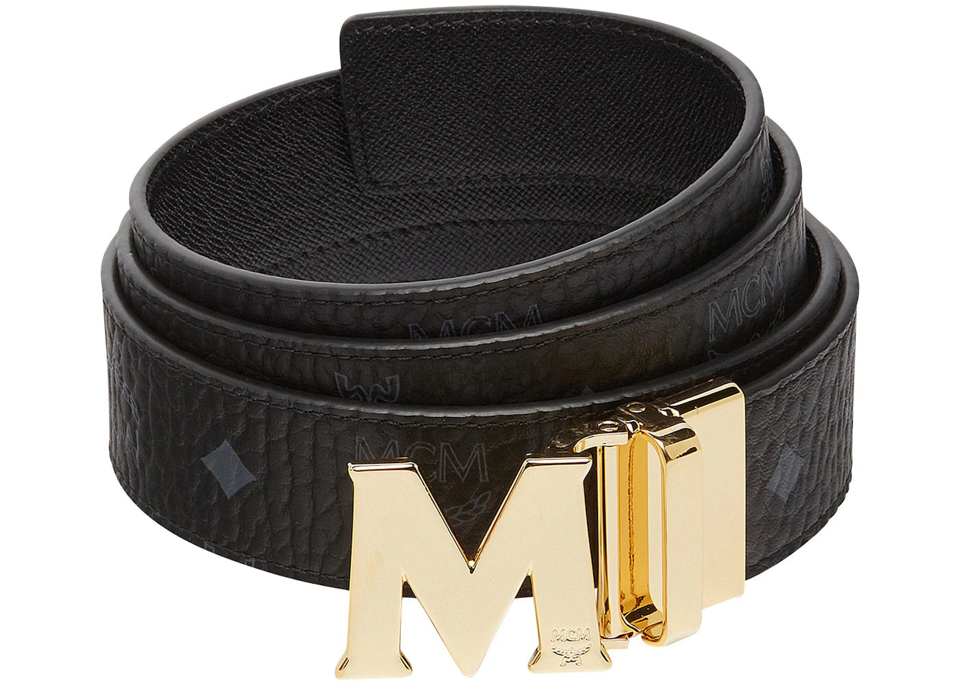 MCM Claus M Gold Buckle Reversible Belt Visetos 1.5" 51In/130Cm Black