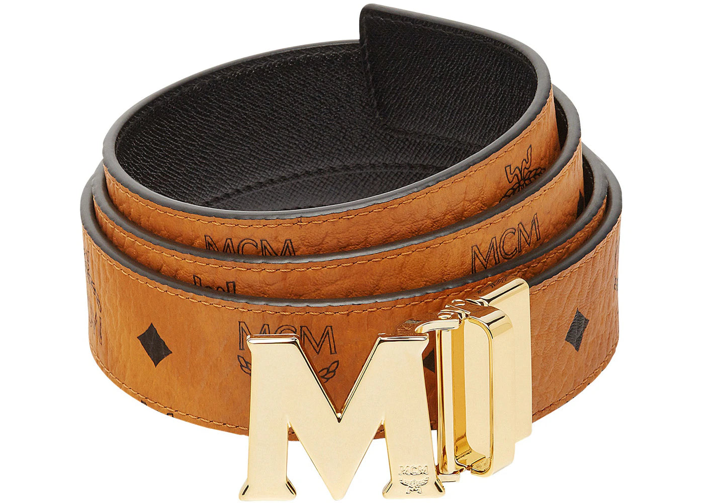 MCM Claus M Gold Buckle Reversible Belt Visetos 1.5" 51In/130Cm Cognac