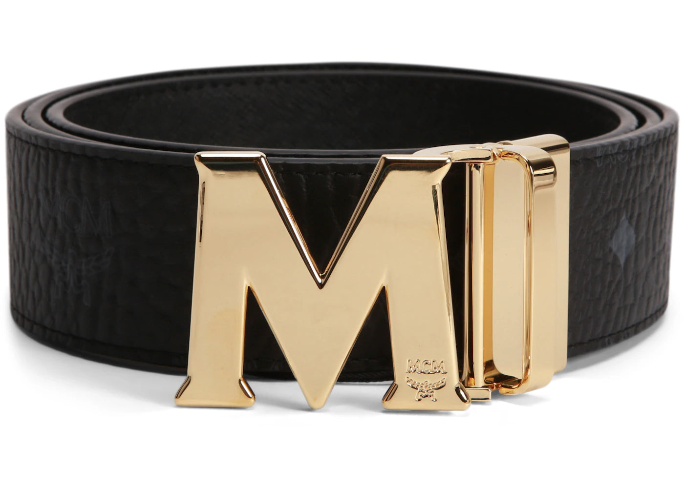 MCM Claus M Reversible Belt Visetos 24K Gold 1.75W 51In/130Cm Black