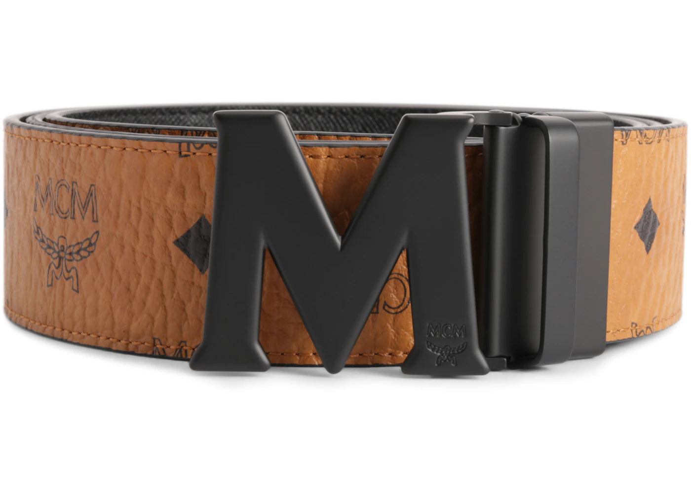 MCM Claus M Reversible Belt Visetos Matte Black-tone 1.75W 51In/130Cm Cognac