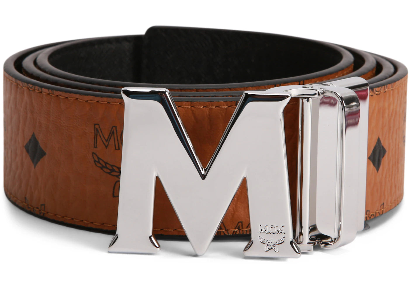 MCM Claus M Reversible Belt Visetos Silver Cobalt-tone 1.75W 51In/130Cm Cognac