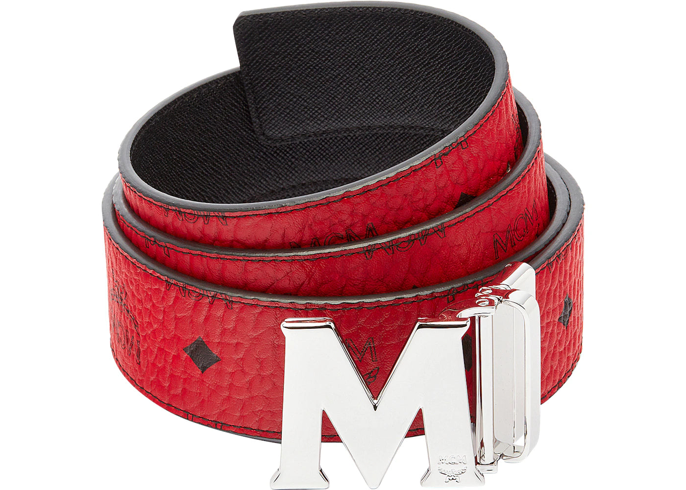 MCM Claus M Reversible Belt Visetos Silver-tone 1.75W 51In/130Cm Ruby Red