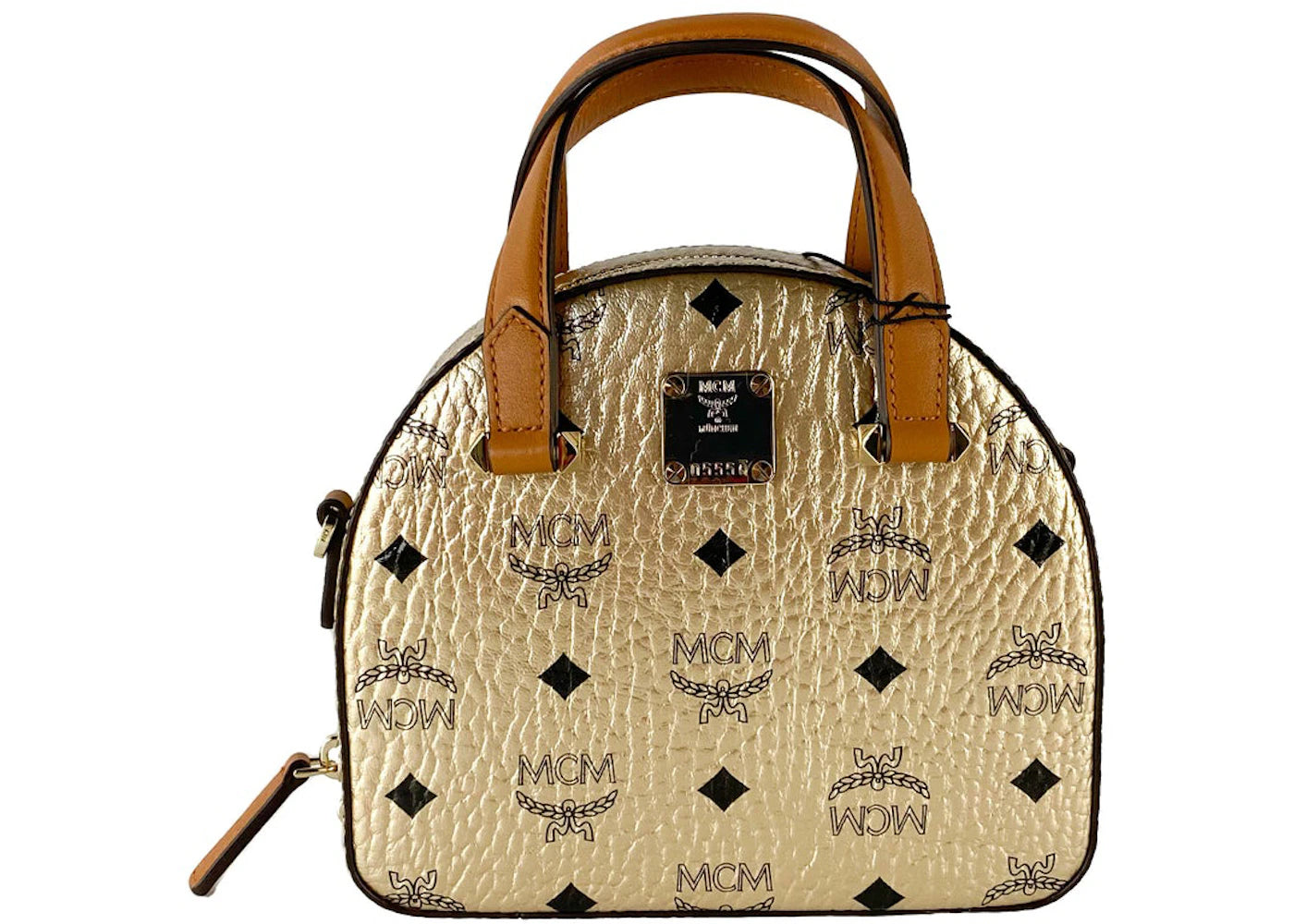 MCM Diamond Logo Visetos Mini Round Top Tote Bag Berlin Gold