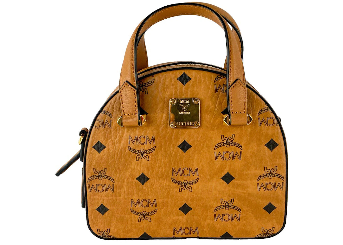 MCM Diamond Logo Visetos Mini Round Top Tote Bag Cognac