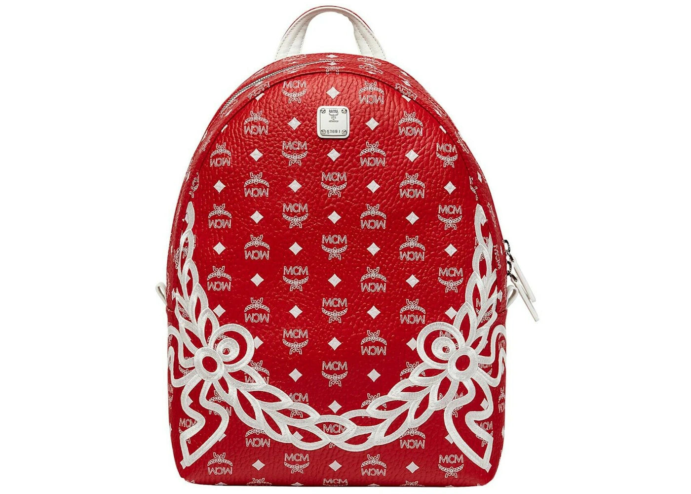 MCM Dietrich Laurel Backpack Visetos White Logo Medium Ruby Red