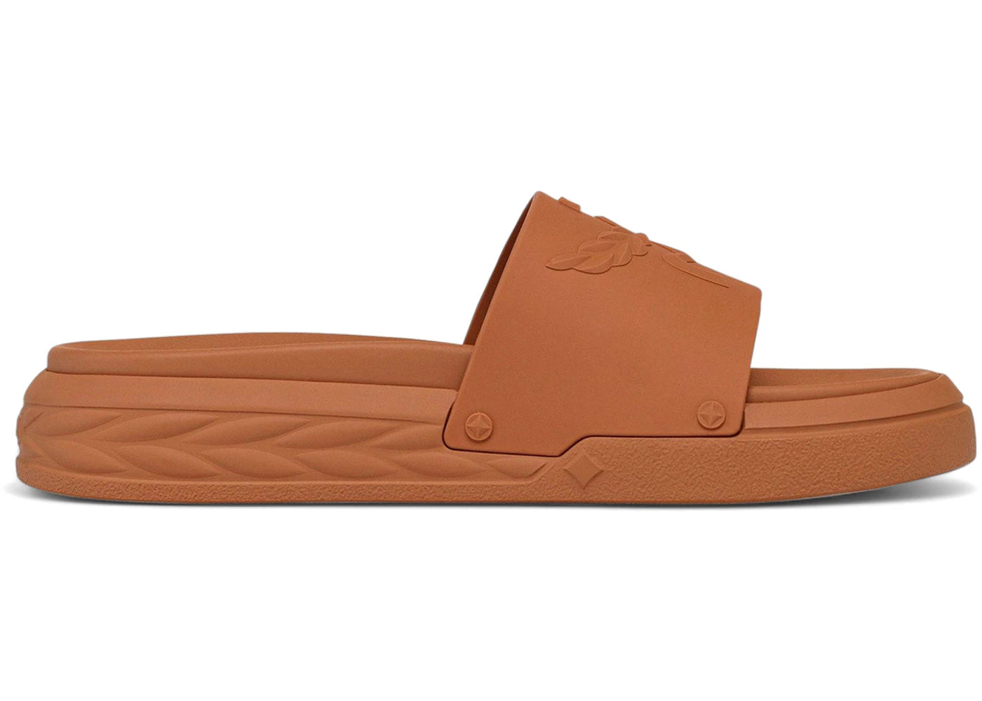 MCM Embossed Laurel Slide Sandals Cognac