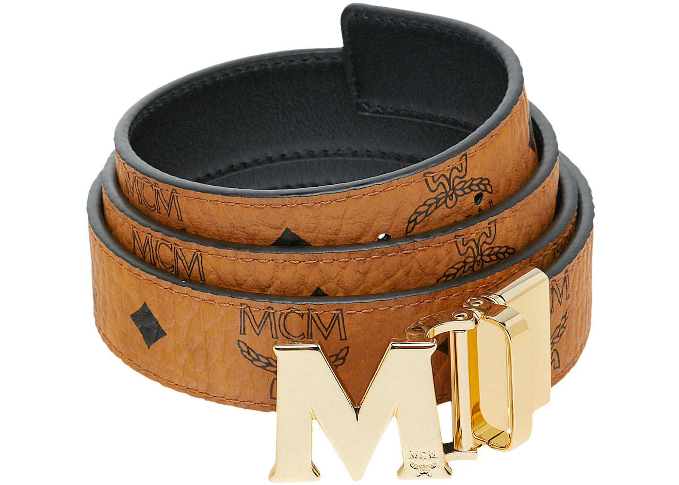 MCM M Gold Buckle Reversible Belt Visetos 1.2" Cognac