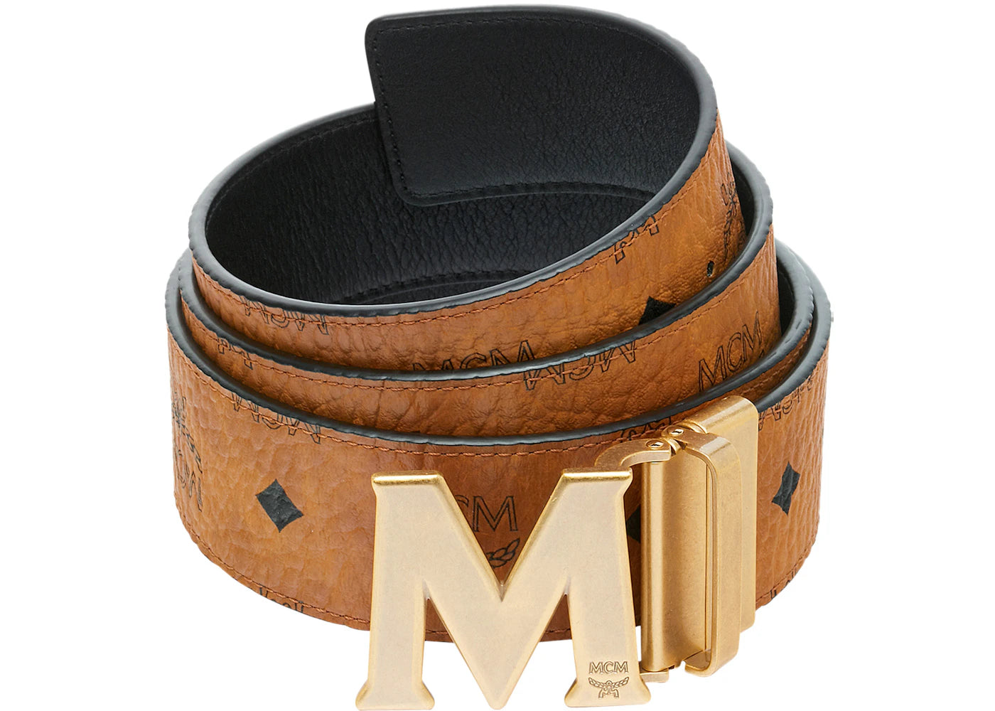 MCM M Reversible Belt Visetos Antique Gold 1.75" Cognac