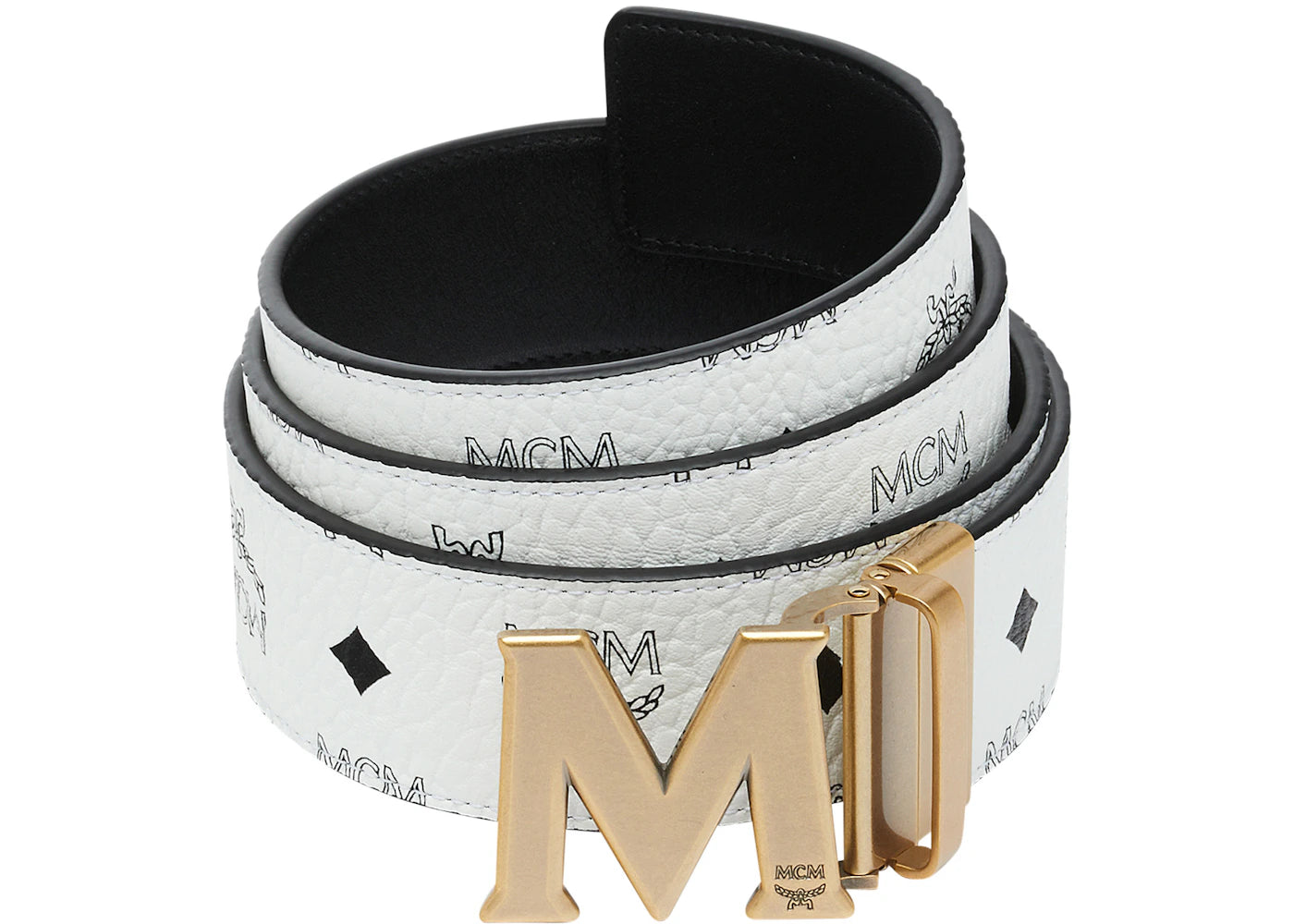 MCM M Reversible Belt Visetos Antique Gold 1.75" White