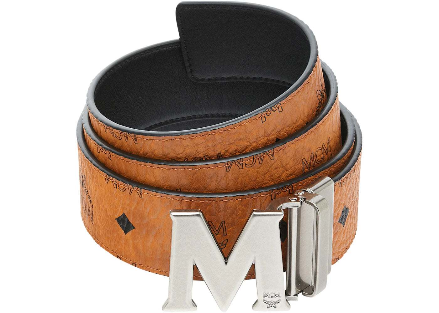 MCM M Reversible Belt Visetos Antique Silver 1.75" Cognac