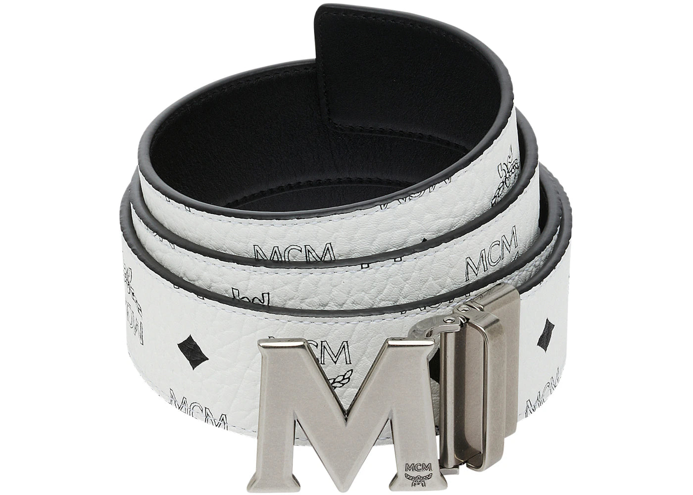 MCM M Reversible Belt Visetos Antique Silver 1.75" White