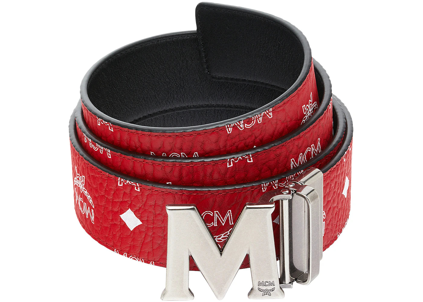 MCM M Reversible Belt White Visetos Antique 1.75" Viva Red