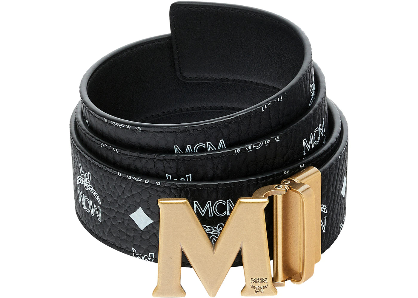 MCM M Reversible Belt White Visetos Antique Gold 1.75" Black