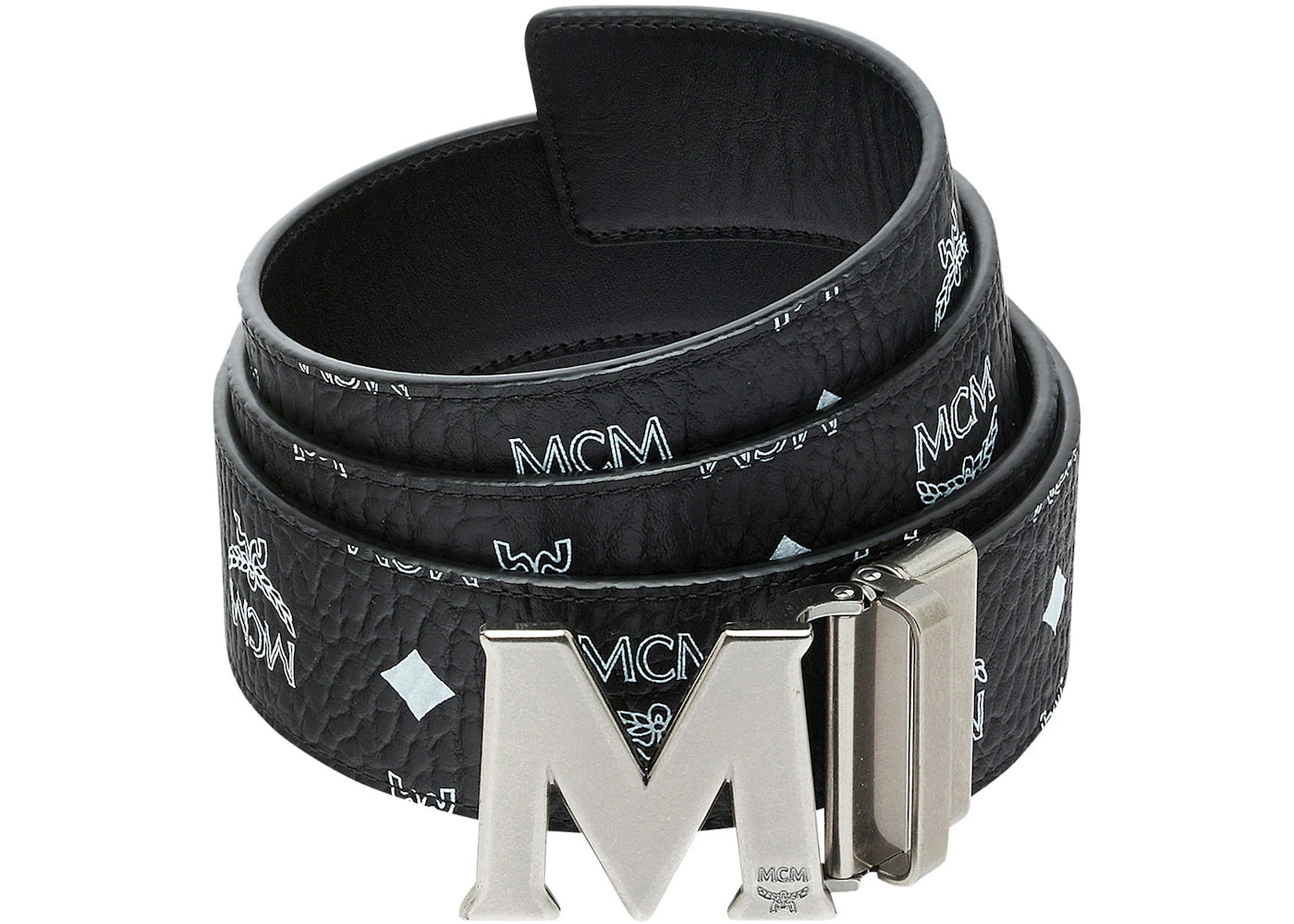 MCM M Reversible Belt White Visetos Antique Silver 1.75" Black