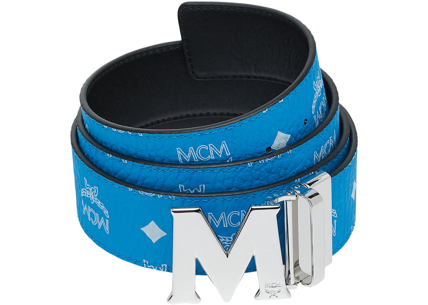 MCM M Reversible Belt White Visetos Silver 1.75" T Blue