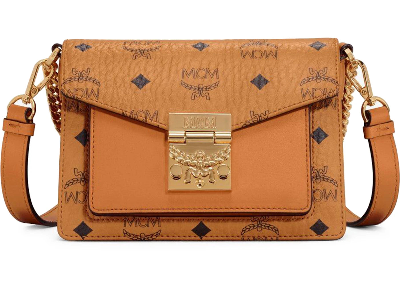 MCM Patricia Flap Lock Crossbody Mini Visetos Cognac