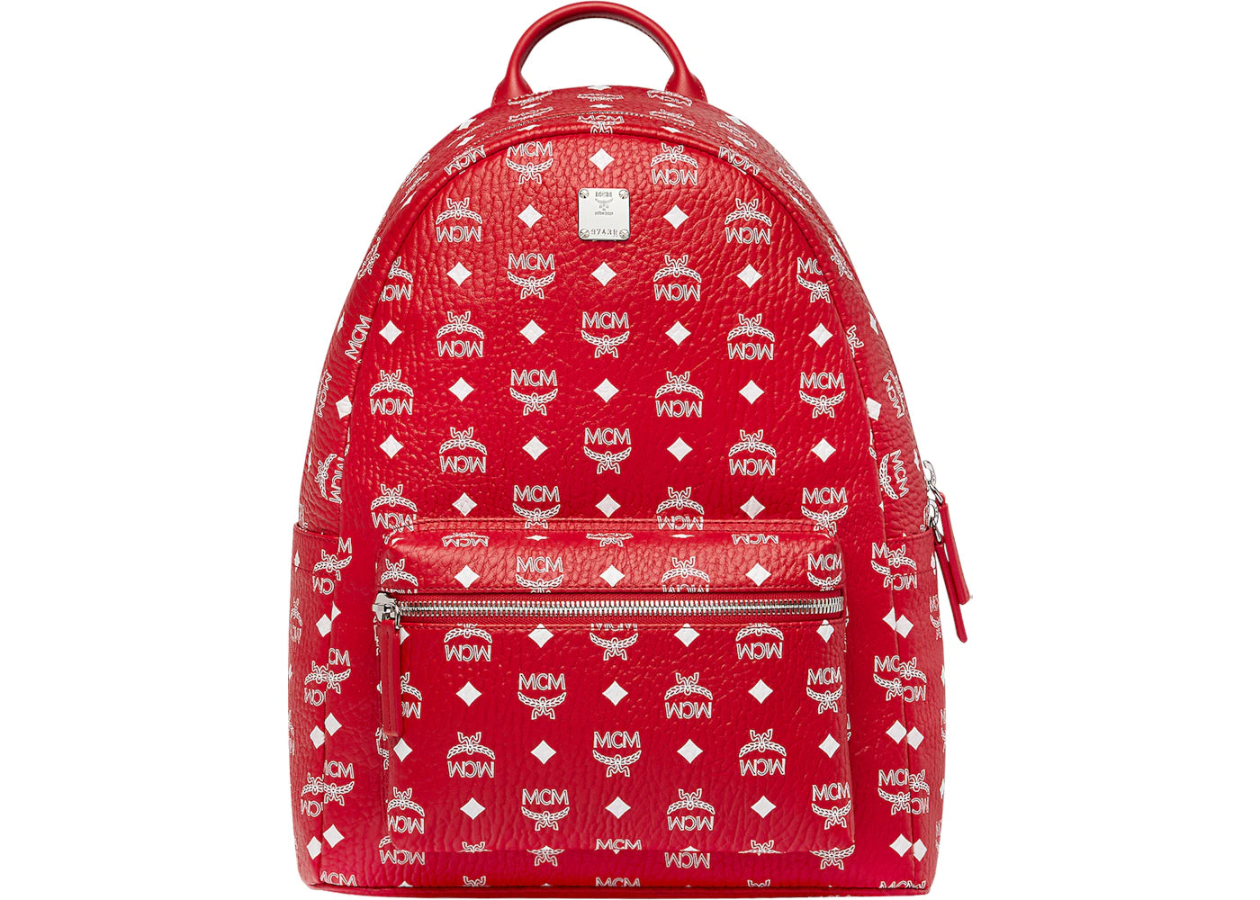 MCM Stark Backpack Visetos White Logo Medium Ruby Red – Side Kicks