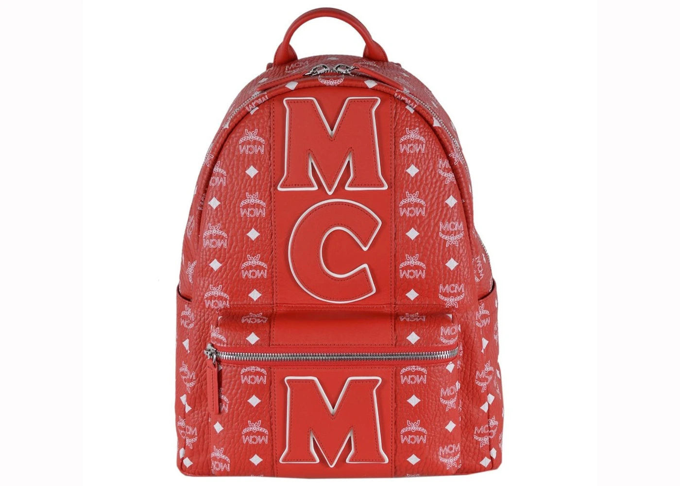 MCM Stark Backpack White Logo Stripe Medium Viva Red