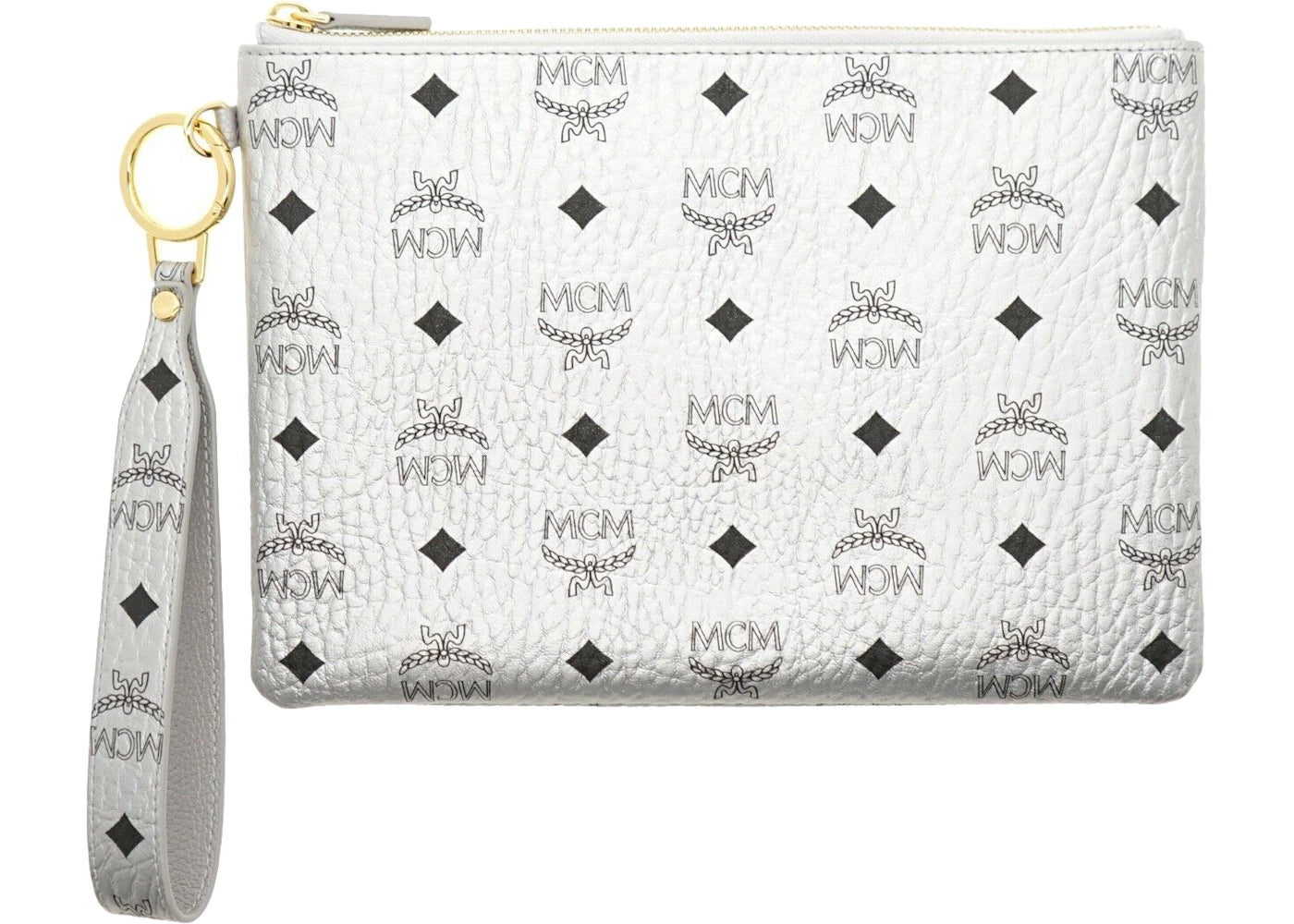 MCM Visetos Logo Wristlet Clutch With Pouch Silver