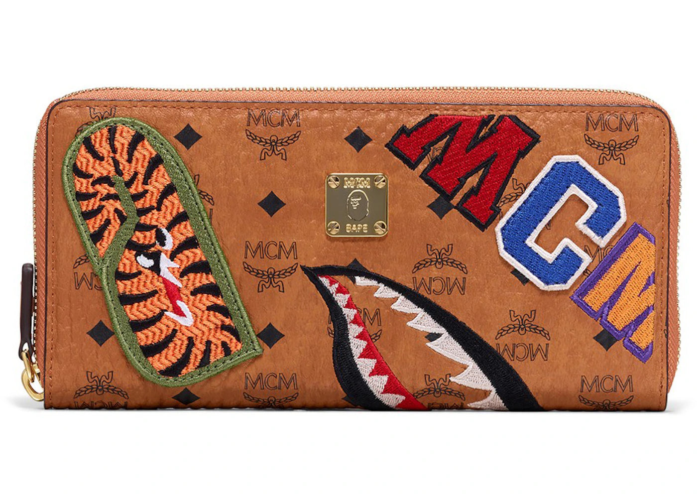 MCM x BAPE Shark Zip Around Wallet Visetos Large Cognac