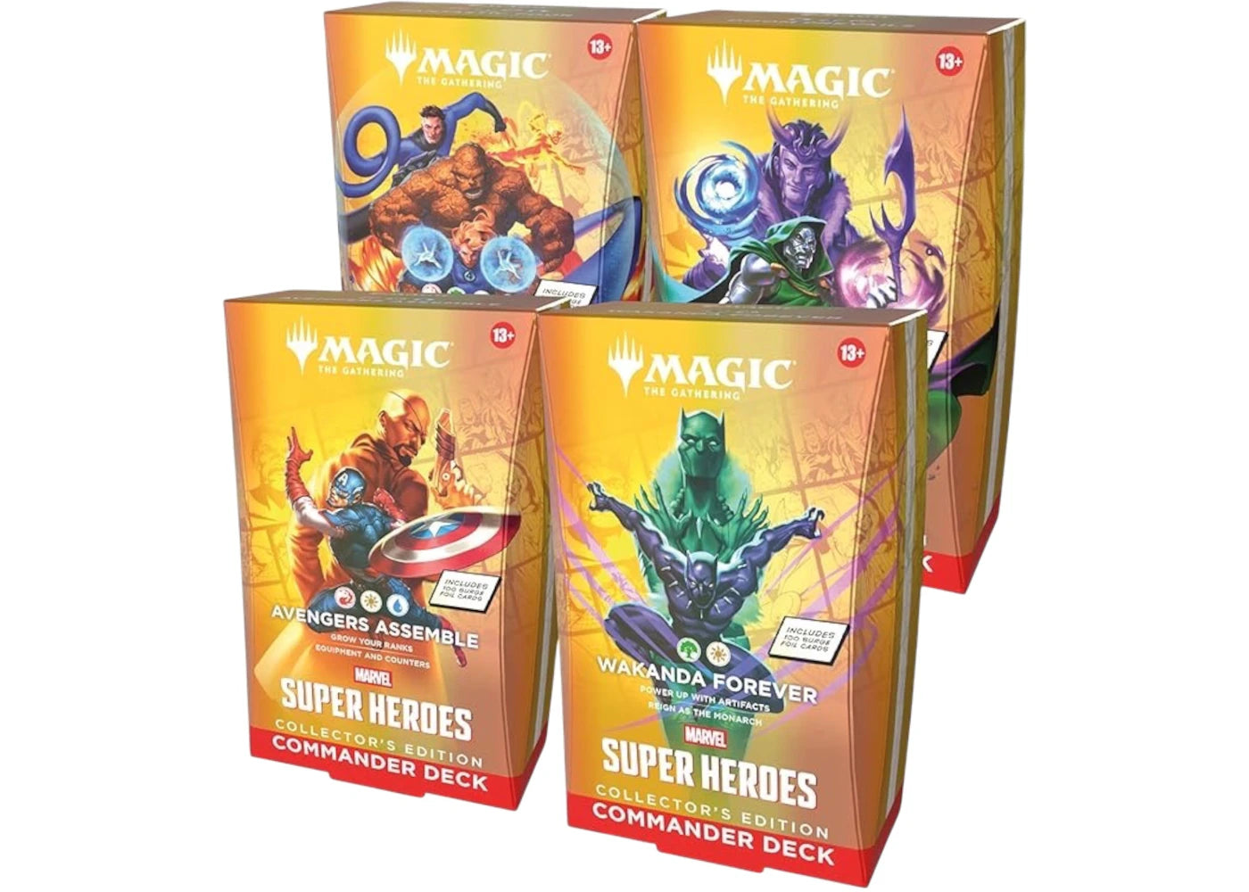 Magic: The Gathering Marvel Super Heroes (Avengers Assemble, Wakanda Forever, The Fantastic Four, Doom Prevails) Foil Commander Deck Bundle