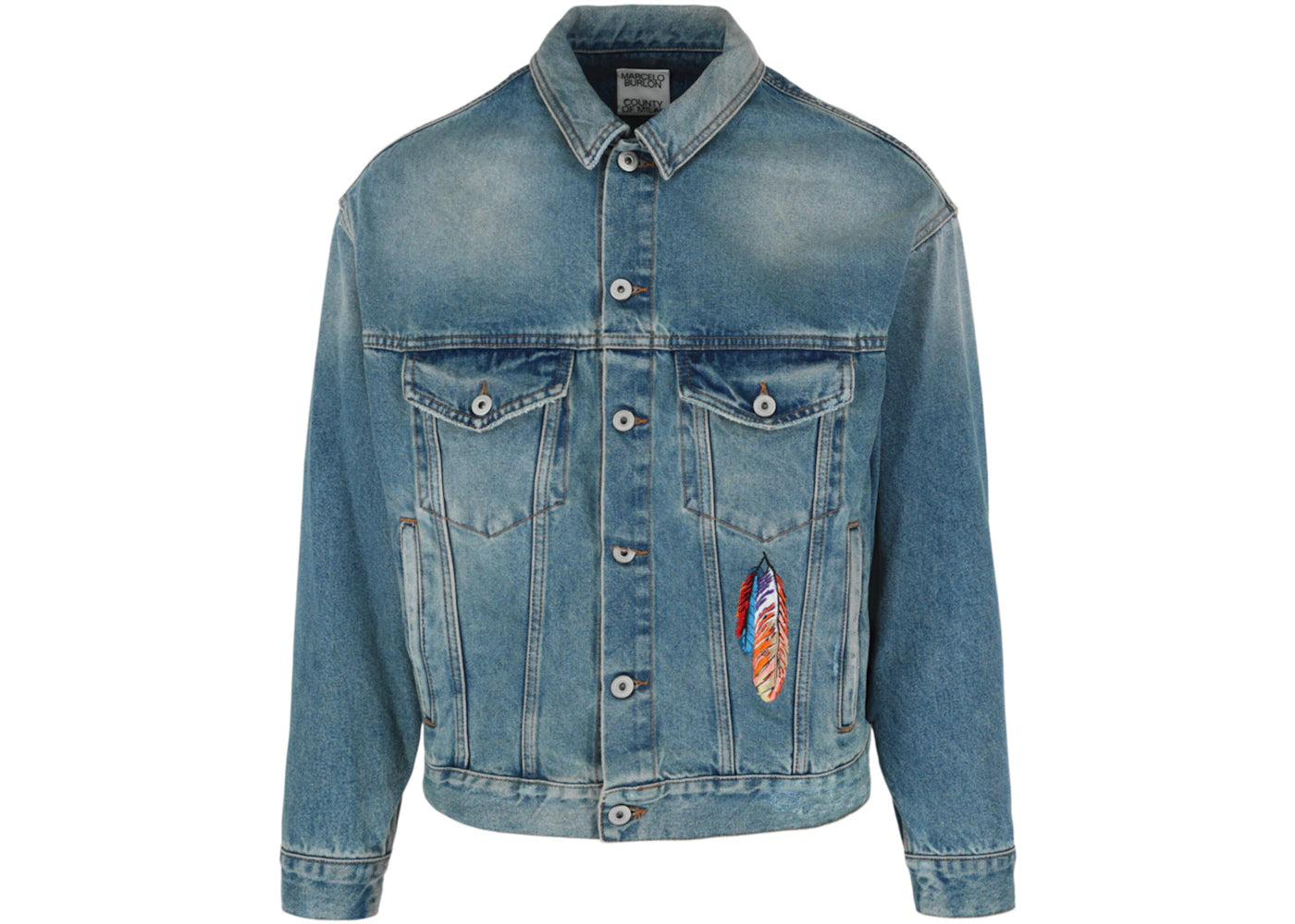 Marcelo Burlon Feathers Vintage Wash Denim Jacket Blue