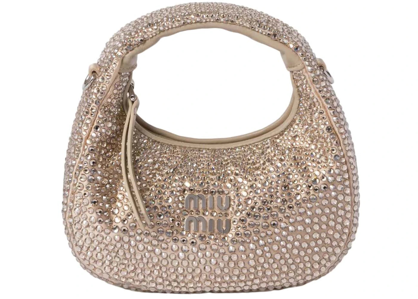 Miu Miu Wander Satin and Silk Mini Hobo Bag with Synthetic Crystals Sand Beige