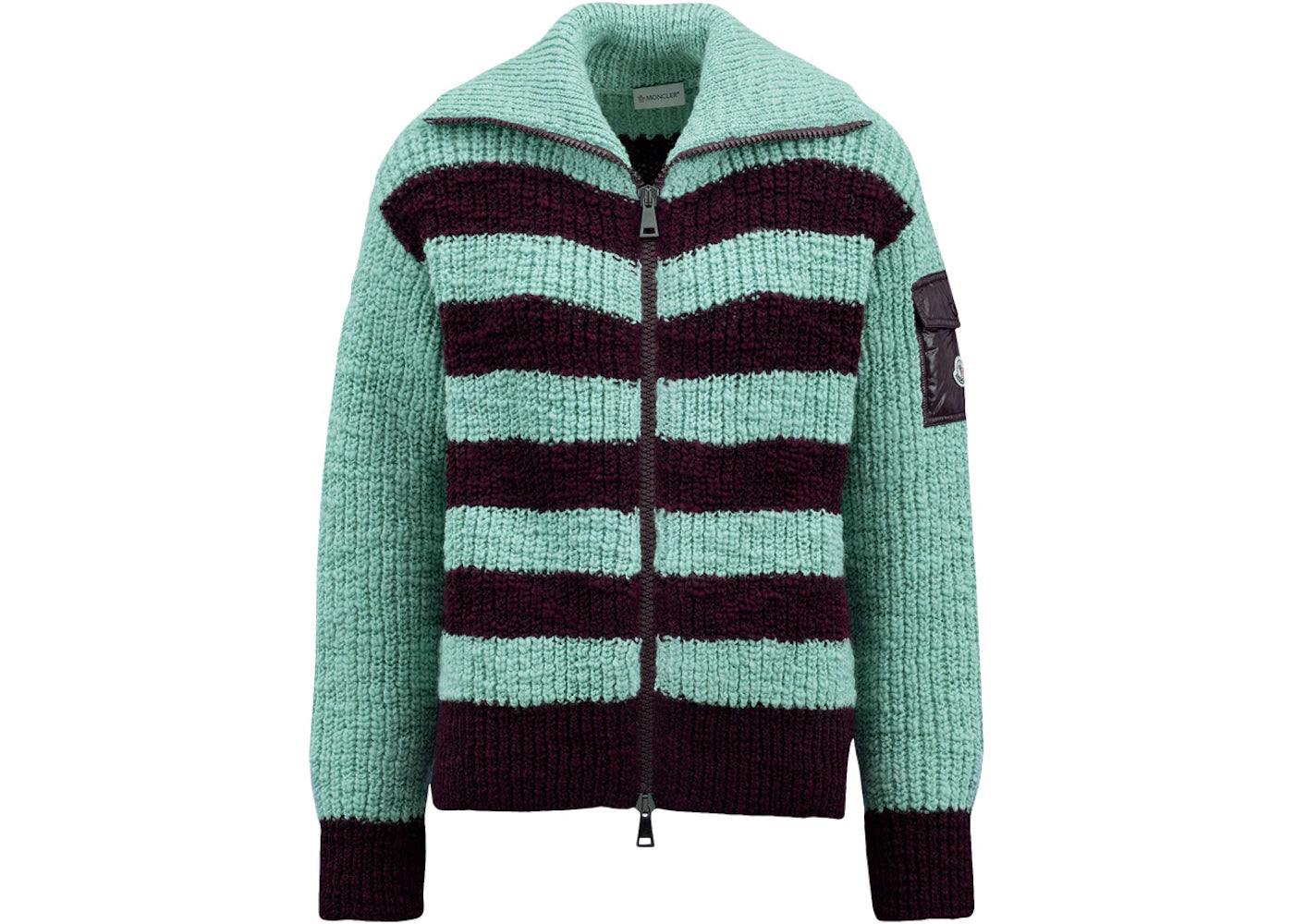 Moncler Women's Turtleneck Two-Toned Striped Back Cardigan Bordeaux/Aquagreen