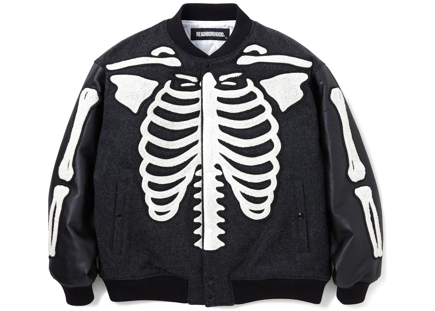 Neighborhood Skeleton Motif Embroidery Stadium Jacket Black