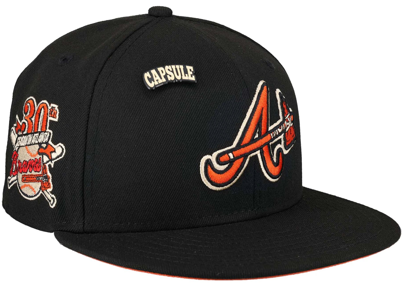 New Era Atlanta Braves Capsule Colors in Cream 30th Season Patch 59Fifty Fitted Hat Black/Orange