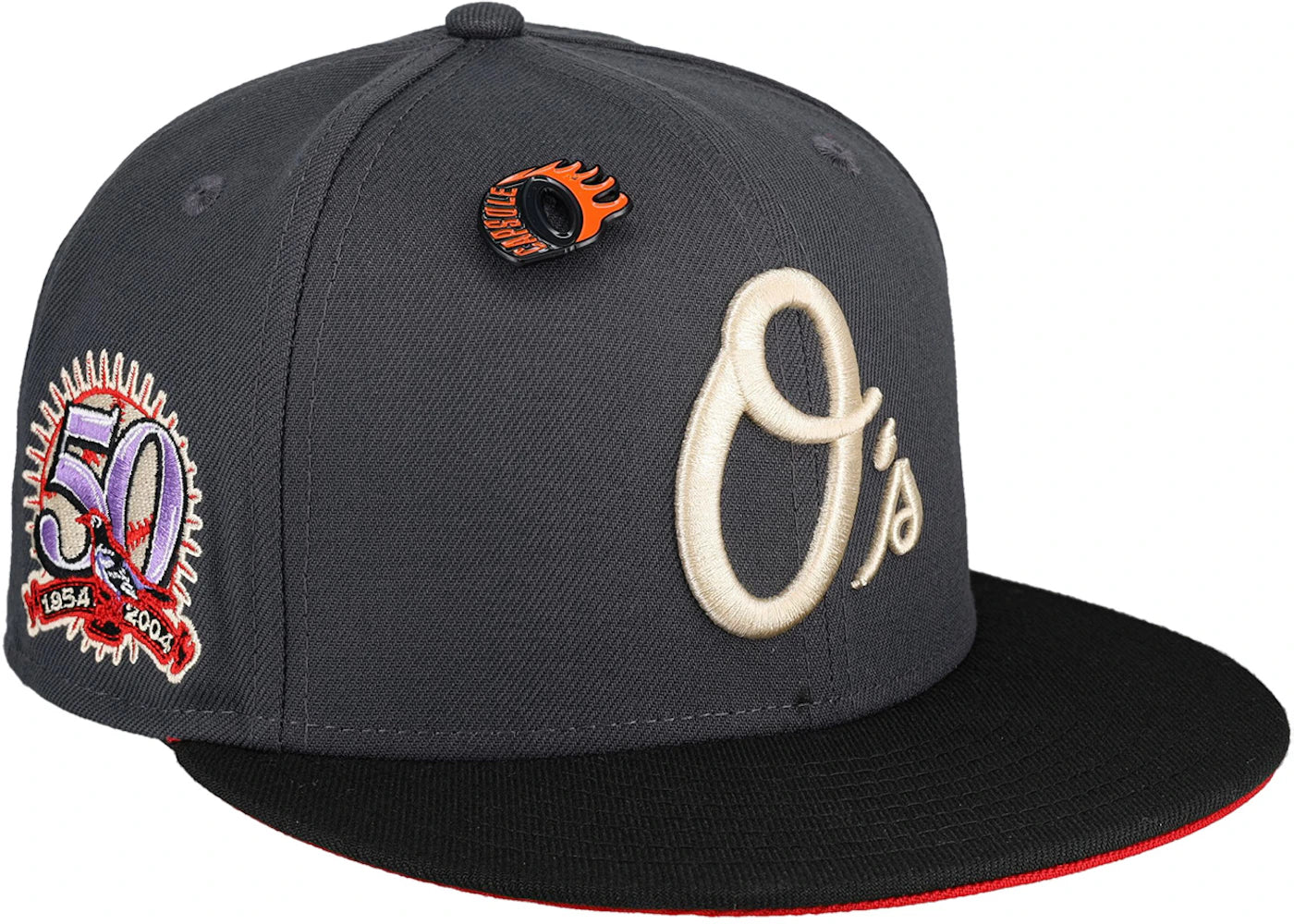 New Era Baltimore Orioles Capsule Burning Rubber 50th Season Fitted Hat 59Fifty Fitted Hat Grey/Orange
